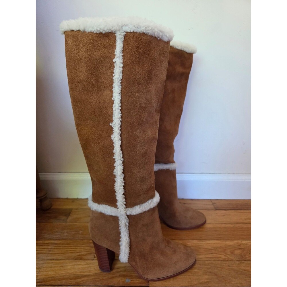 Ralph Lauren brown Aubri suede leather white shearling trim knee high boots 6